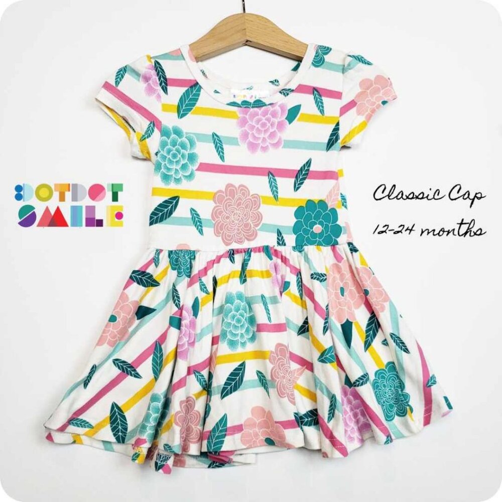DotDotSmile 12-24 month Classic Cap Dress - White Striped Floral
